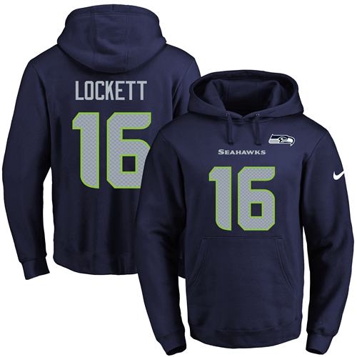 Nike Seahawks #16 Tyler Lockett Navy Blue Name & Number Pullover NFL Hoodie - Click Image to Close